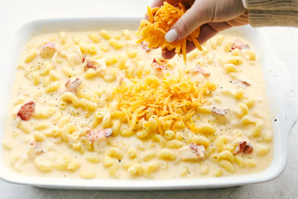 Sprinkling cheddar cheese on a pan of lobster Mac and Cheese.