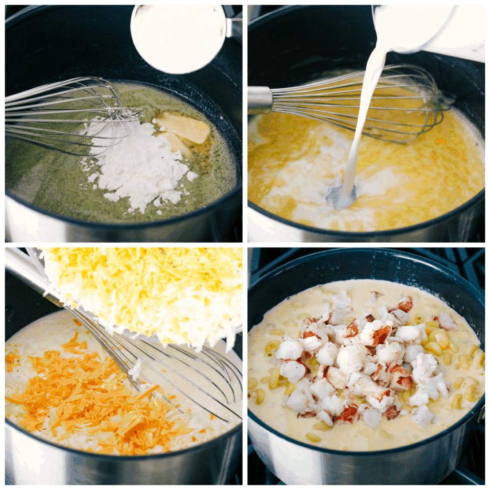 Making the roux, adding the cheese and lobster to the cheese sauce. 
