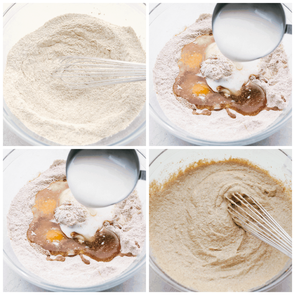 Mixing the dry, and wet ingredients for perfect whole wheat pancakes. 