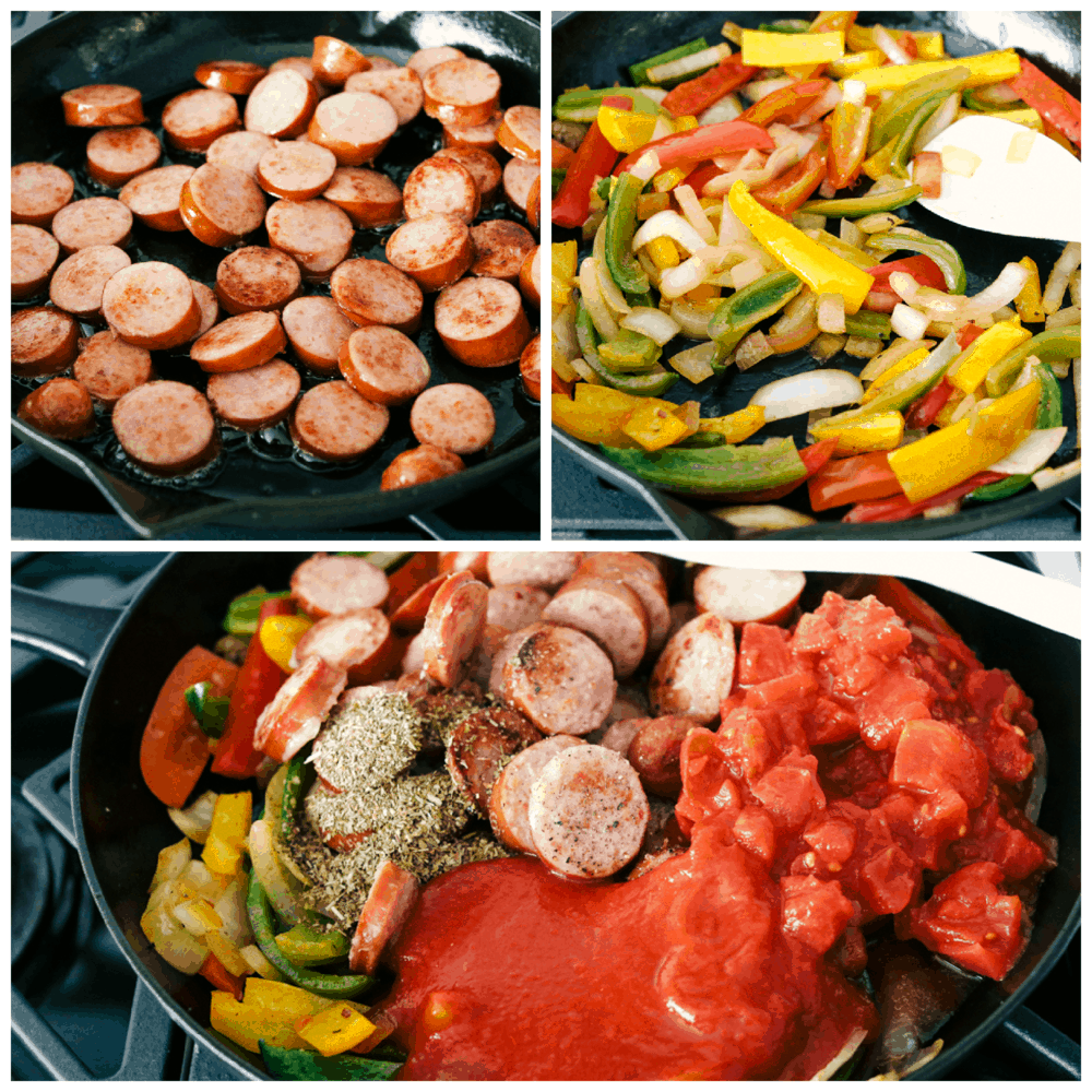 Cooking the sausage and the peppers and onions, then adding in the tomatoes in the skillet. 