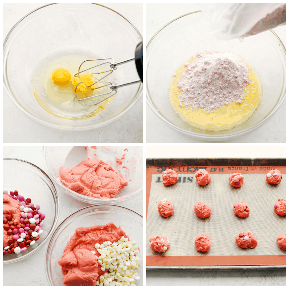 Beating eggs, adding the cake mix and the candies, then putting them on a cookie sheet to bake. 