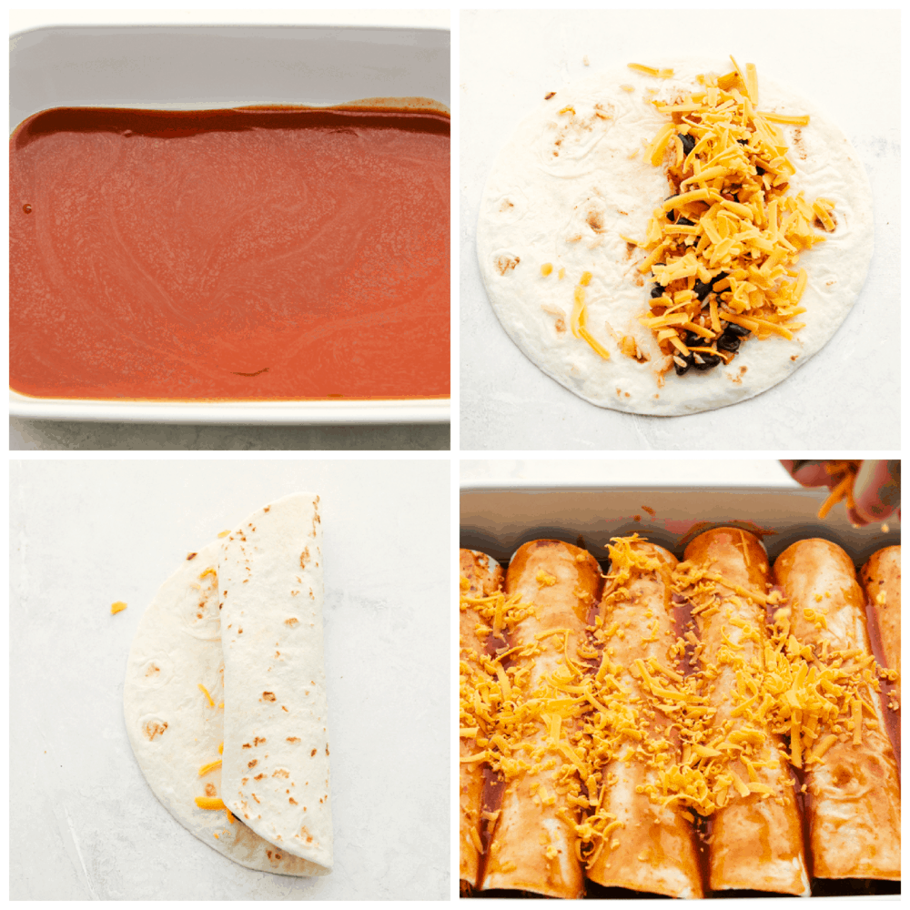 Layering homemade enchilada sauce, filling the tortillas and covering the enchiladas with cheese.