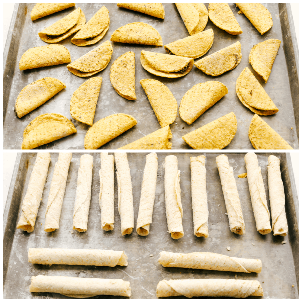 Two photos of sheet pans with frozen tacos and frozen taquitos. 
