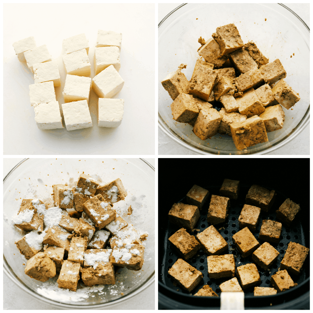 Tofu being prepared and seasoned for the air fryer. 