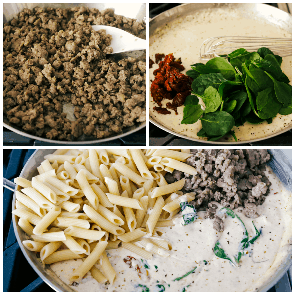 Cooking the sausage, making the cream sauce and mixing it all together in the pan. 