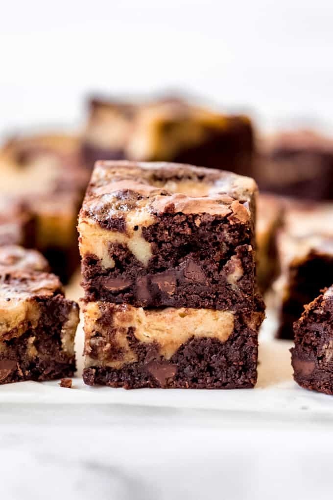 Banana bread brownies stacked on top of each other.