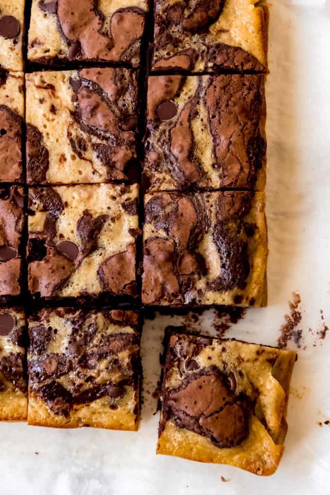 banana bread brownies cut into squares with one pulled away from the others.