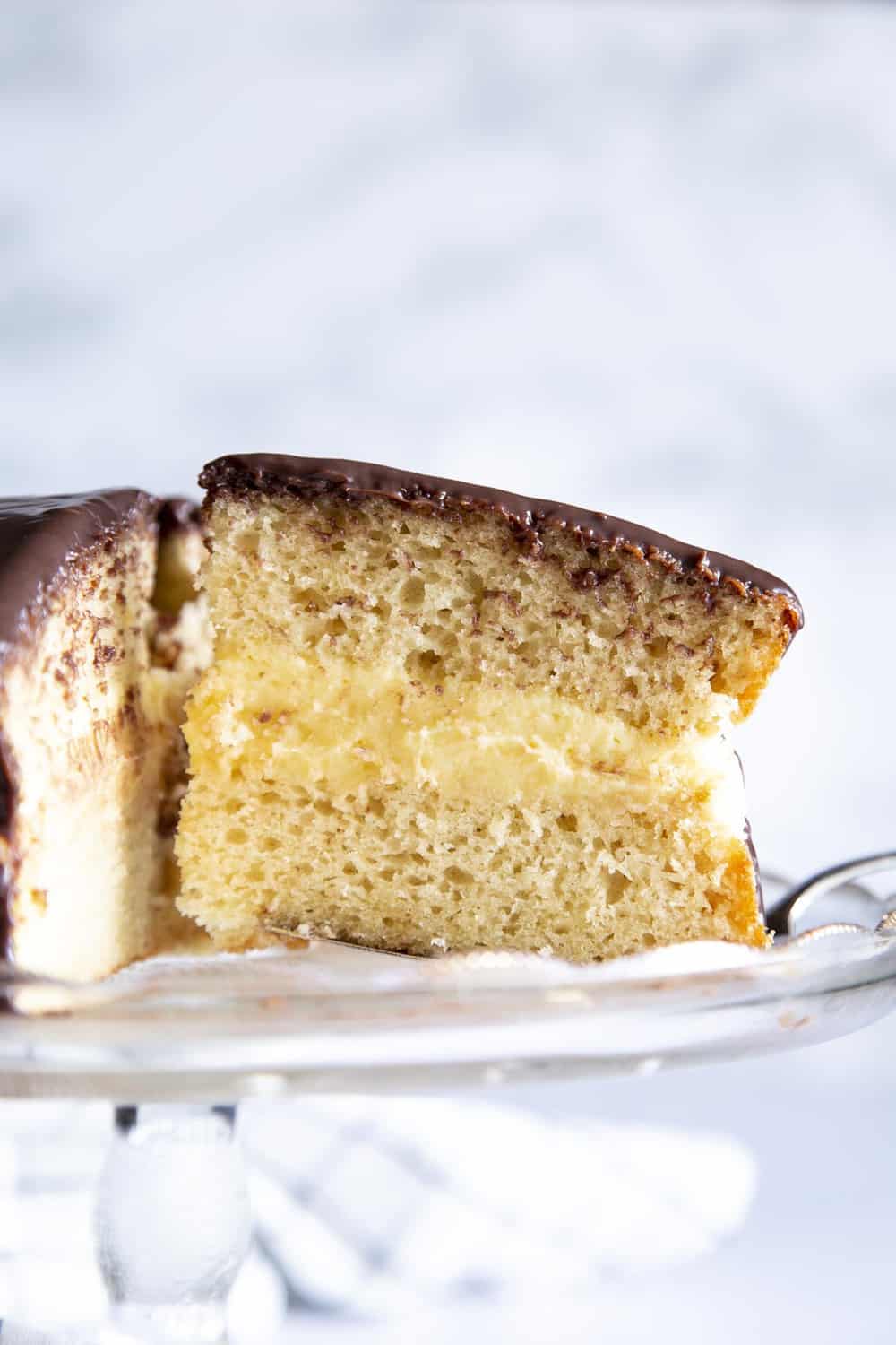 A side view of the layers in the Boston Cream Cake. 