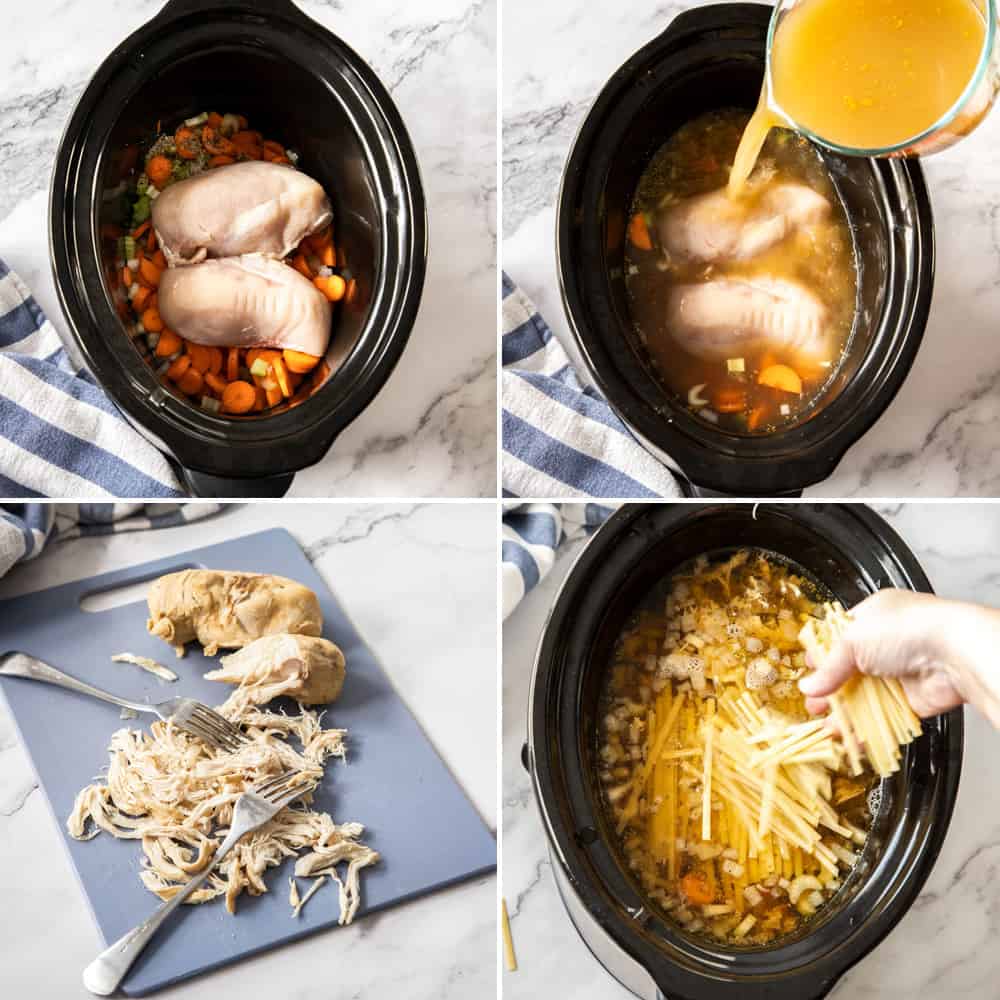 4 images showing the steps to making chicken noodle soup in a slow cooker