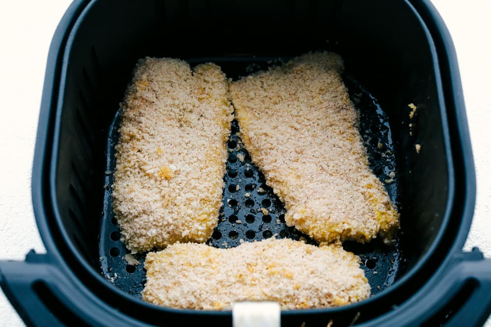 Breaded panko in air fryer basket. 