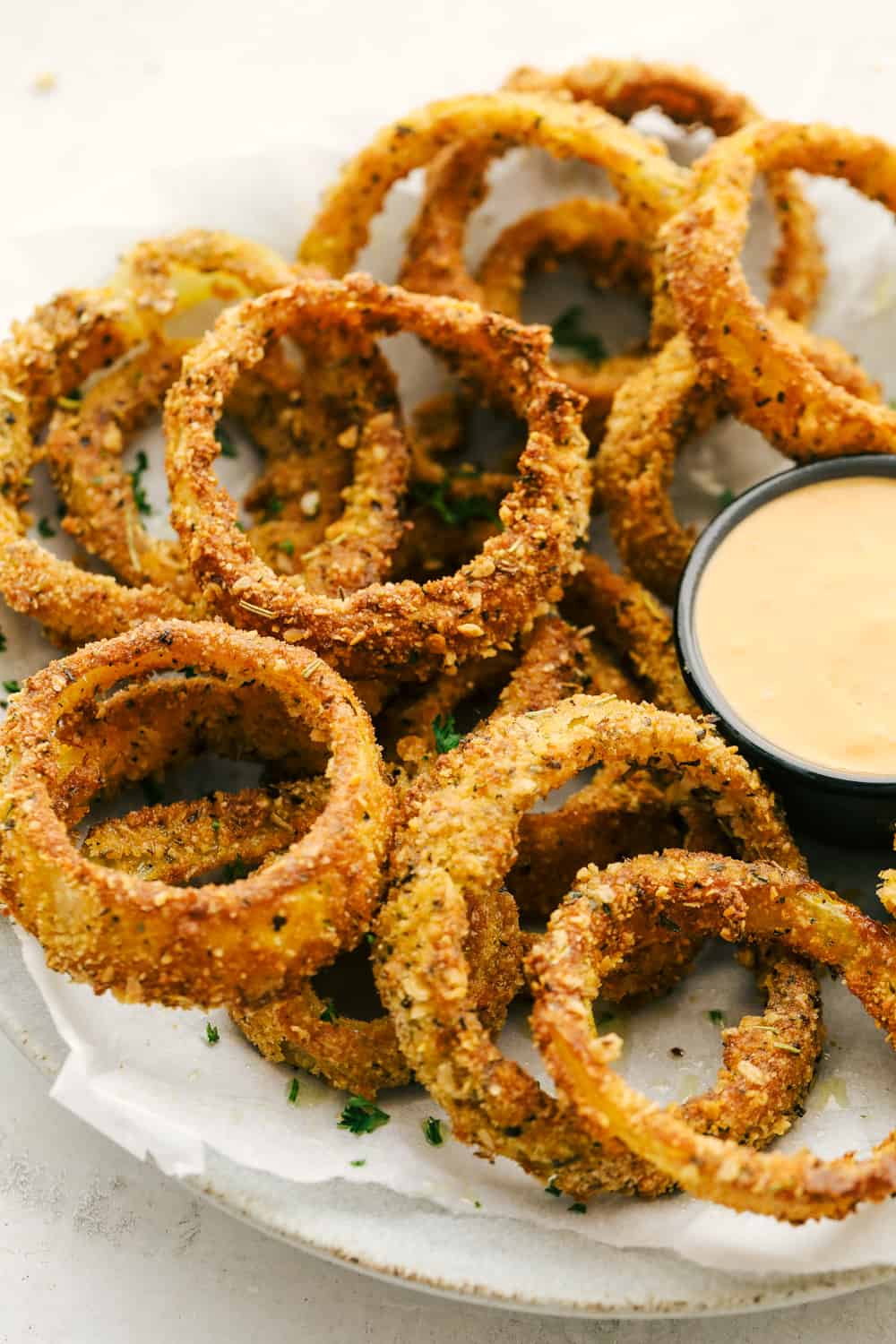 Air Fryer Onion rings with sauce on a plate. 