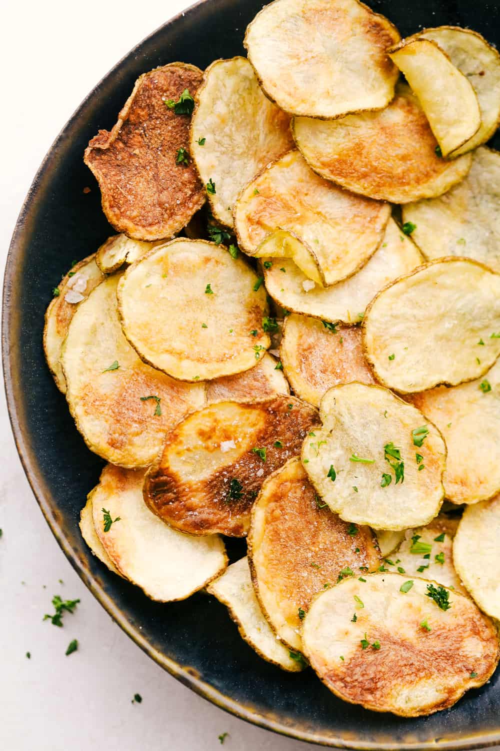 Air Fryer potato chips on a plate. 