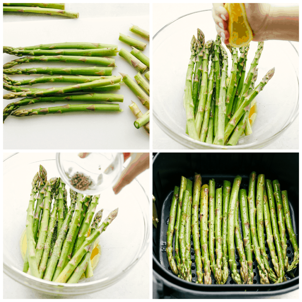 Trimming and adding seasoning to the asparagus for air frying. 