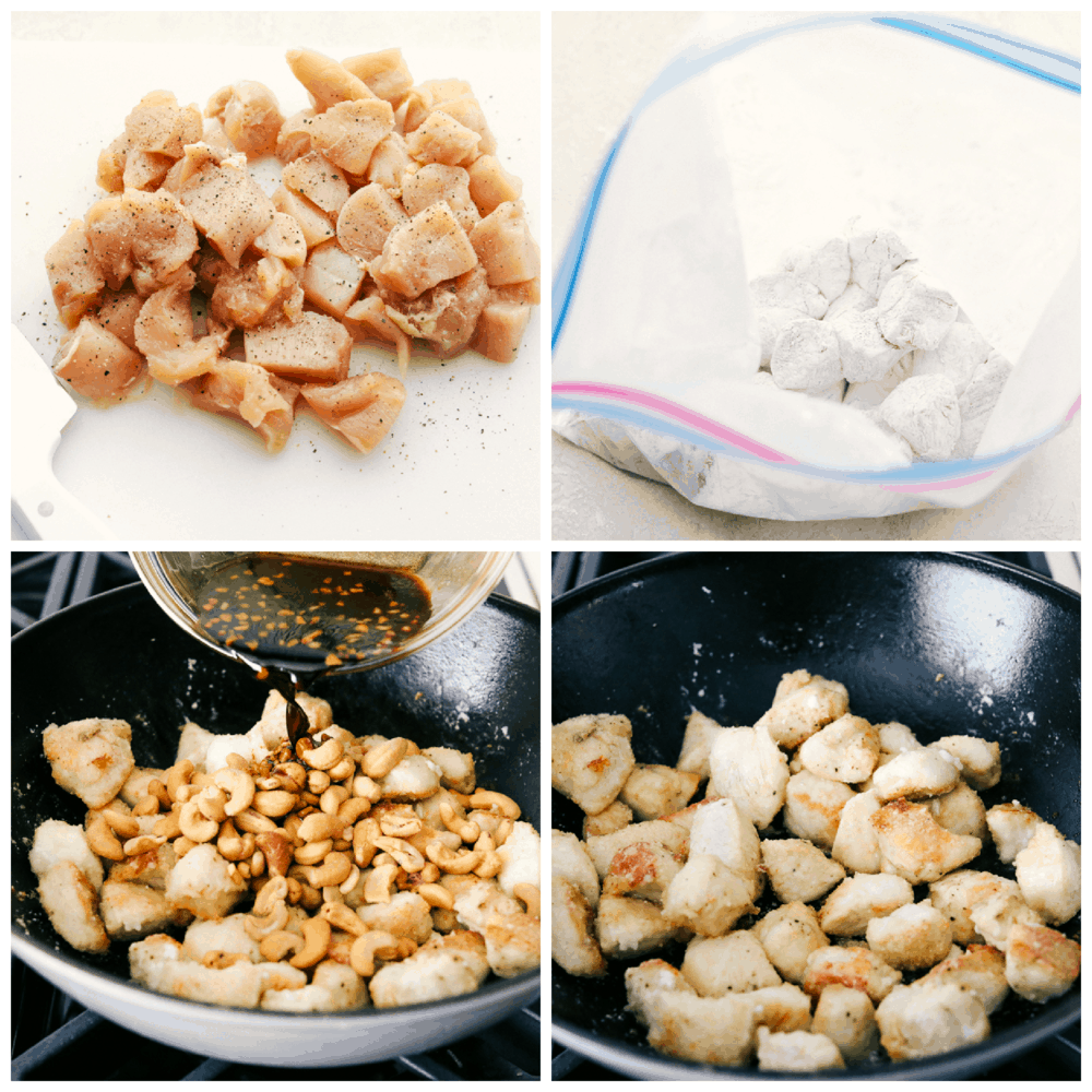 Cut up chicken, breading and sauteing the chicken for Cashew chicken. 