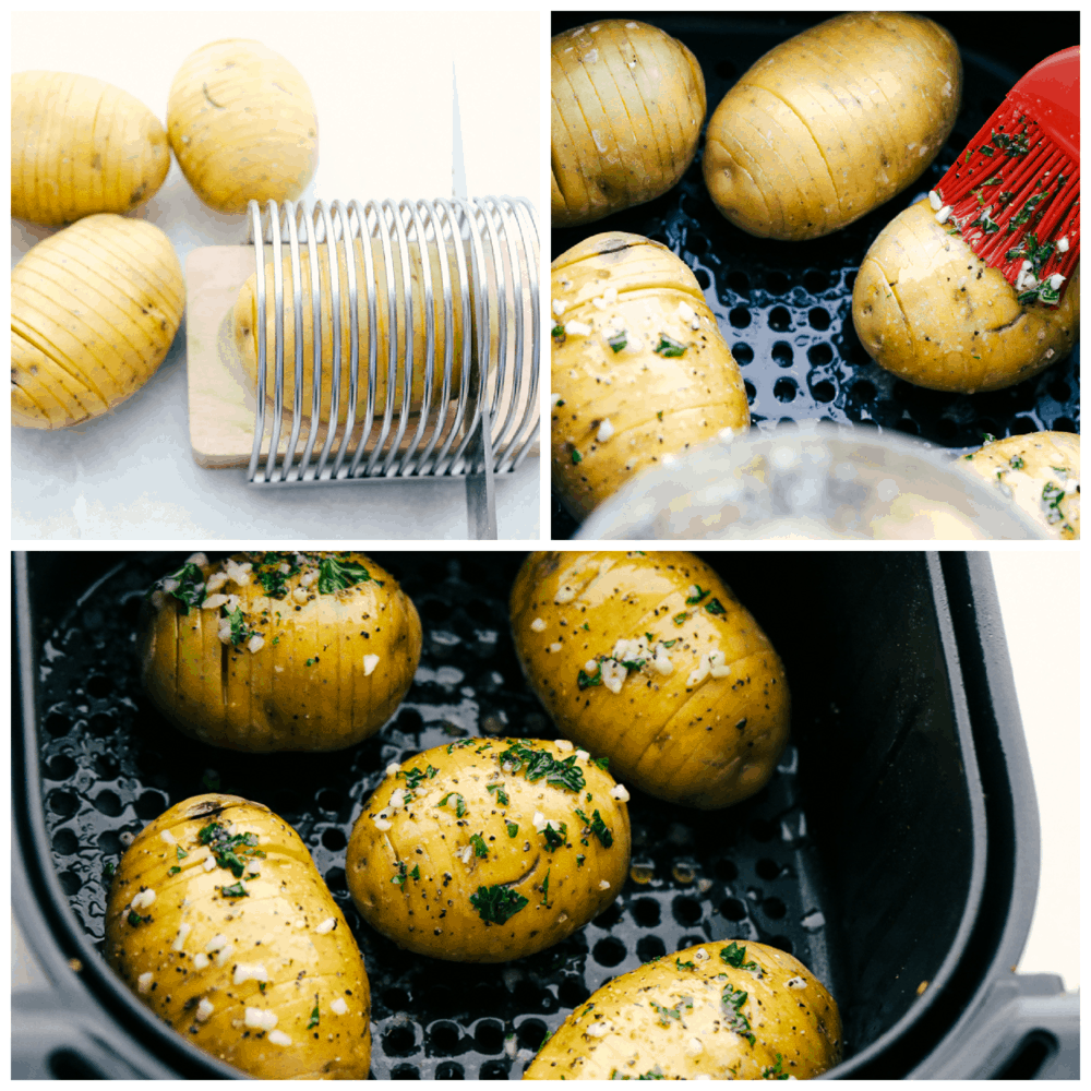 Preparing potatoes for the air fryer with butter, herbs and salt. 