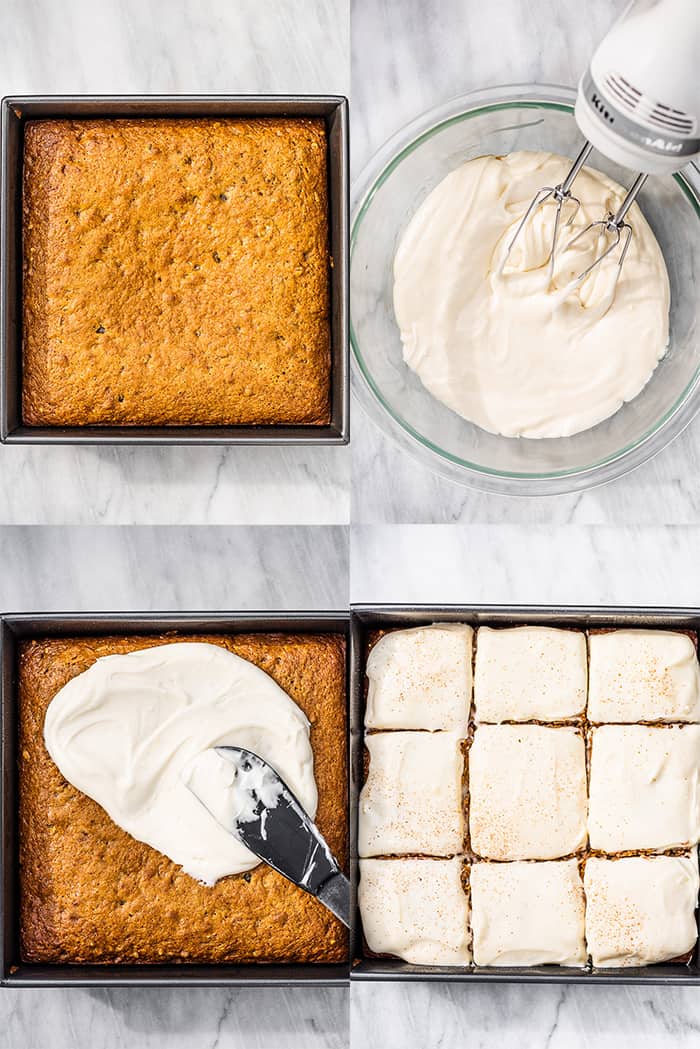 4 pictures showing how to make carrot cake bars.