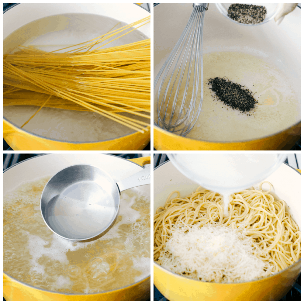 Noodles in boiling water, making the sauce and adding the cheese for Caico de Pepe.