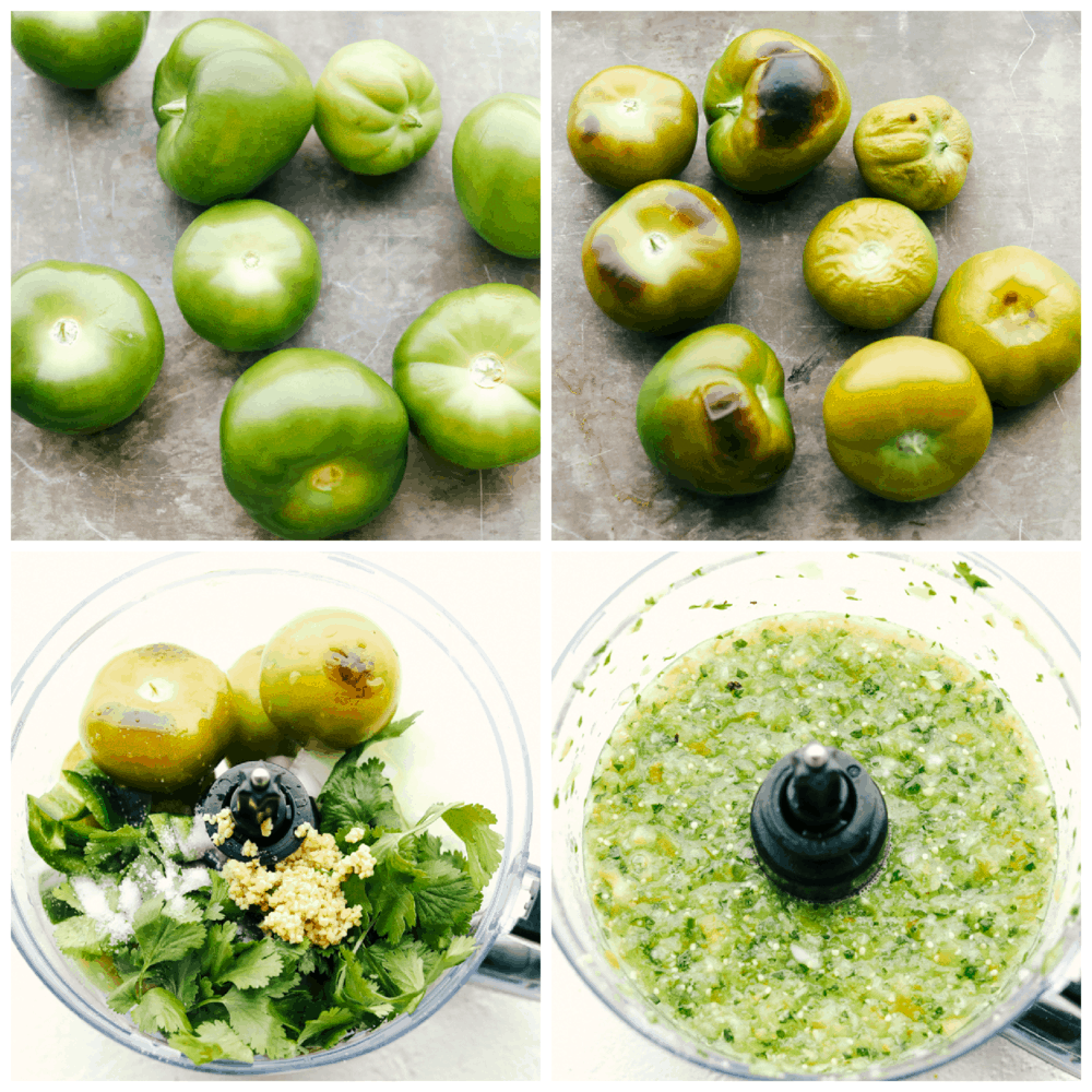 Tomatillos, roasted and other ingredients in food processor.