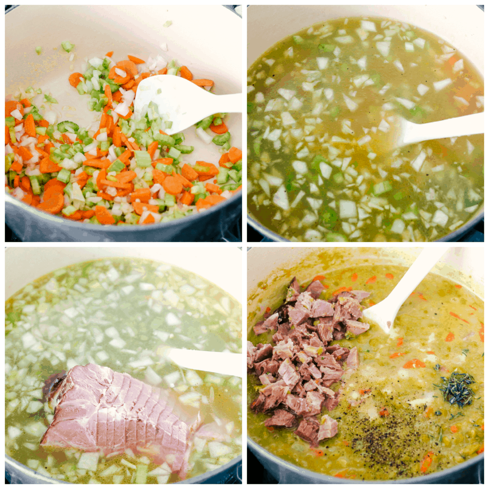 Saute vegetables, cook pork bone, and saute pork to make pea soup.