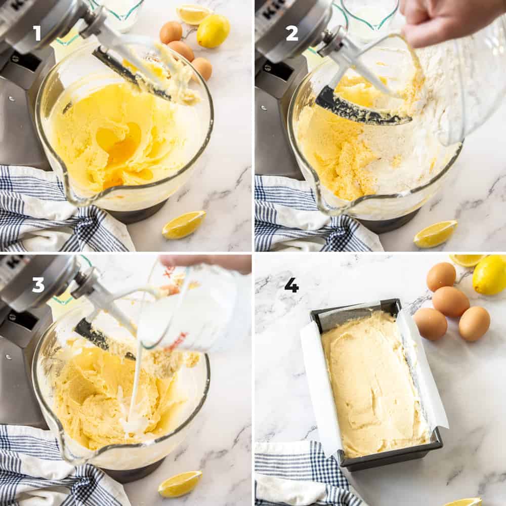 4 images showing the steps to making pound cake.