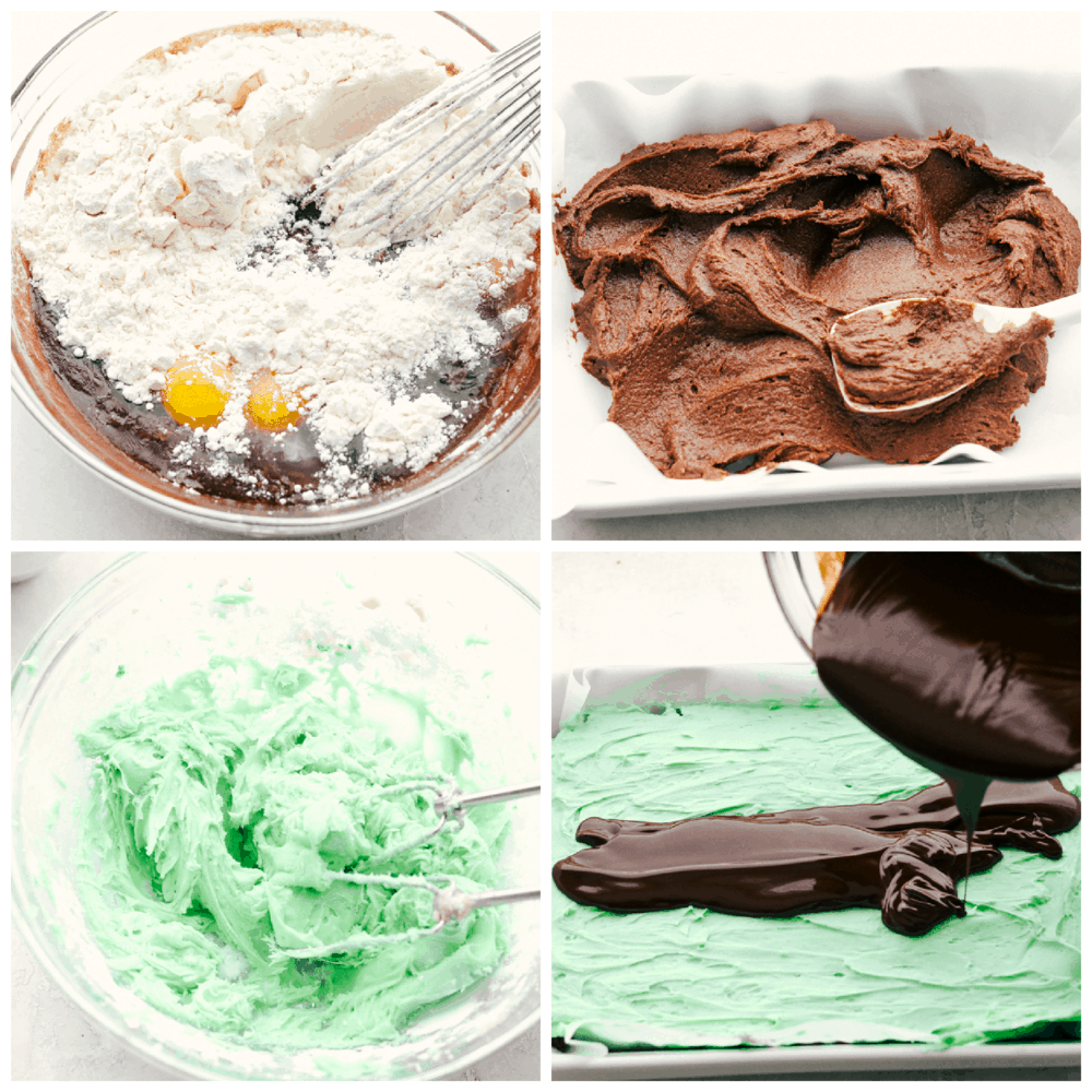 Making the brownies, mint filling and chocolate frosting. 