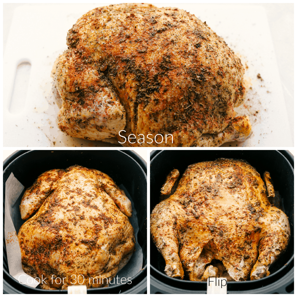 Seasoning the chicken, cooking it and flipping it in the air fryer. 