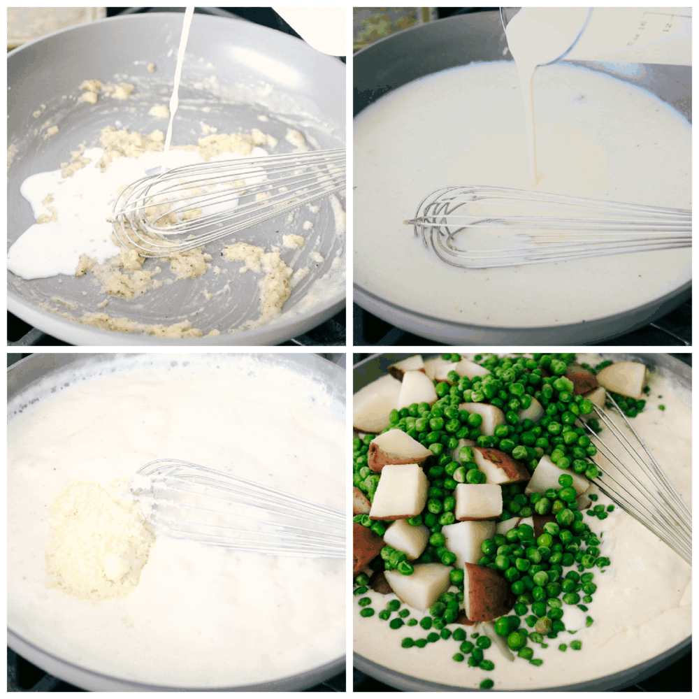 Making the cream sauce and adding in cooked peas and potatoes. 