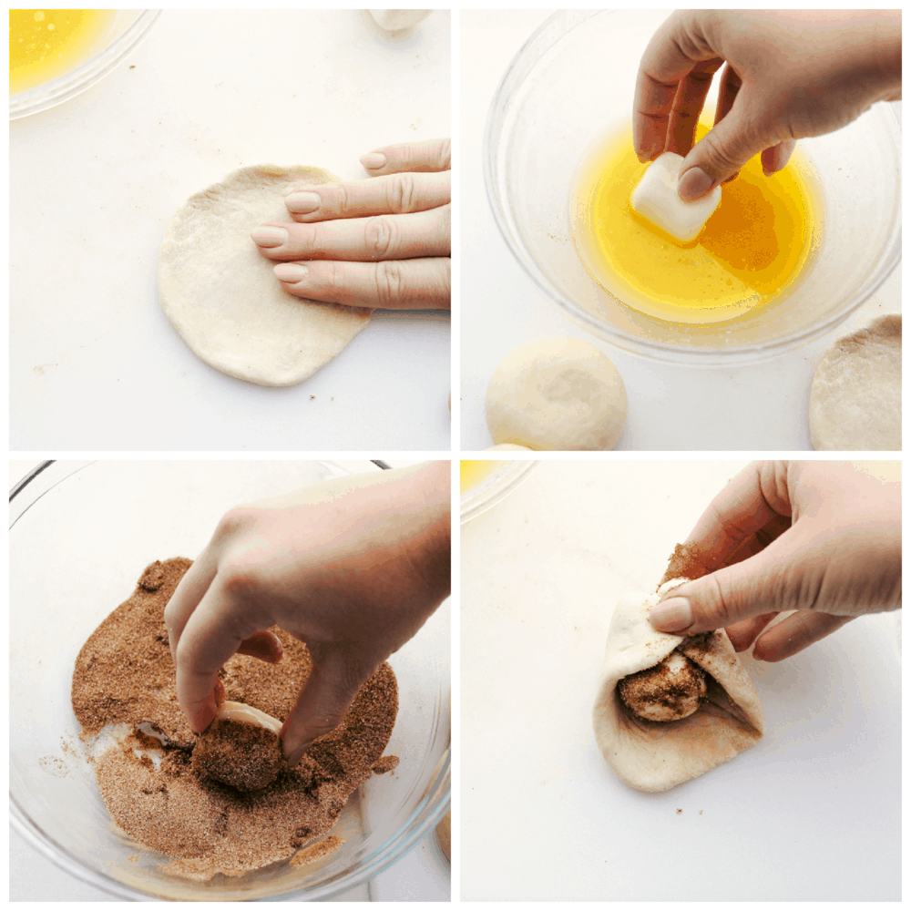 Spreading out the dough, dipping the marshmallow in seasonings and wrapping it in the dough. 