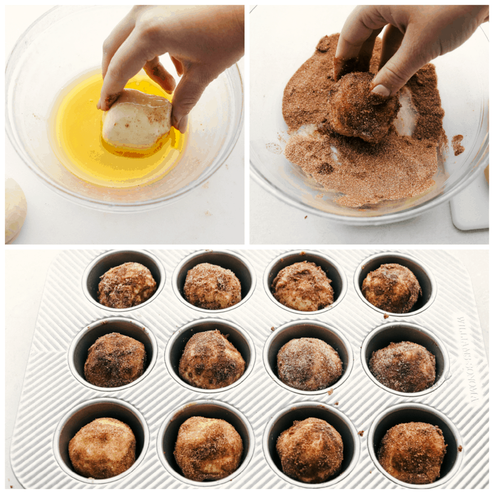 Dipping the roll in butter and cinnamon sugar and placing in muffin tin. 