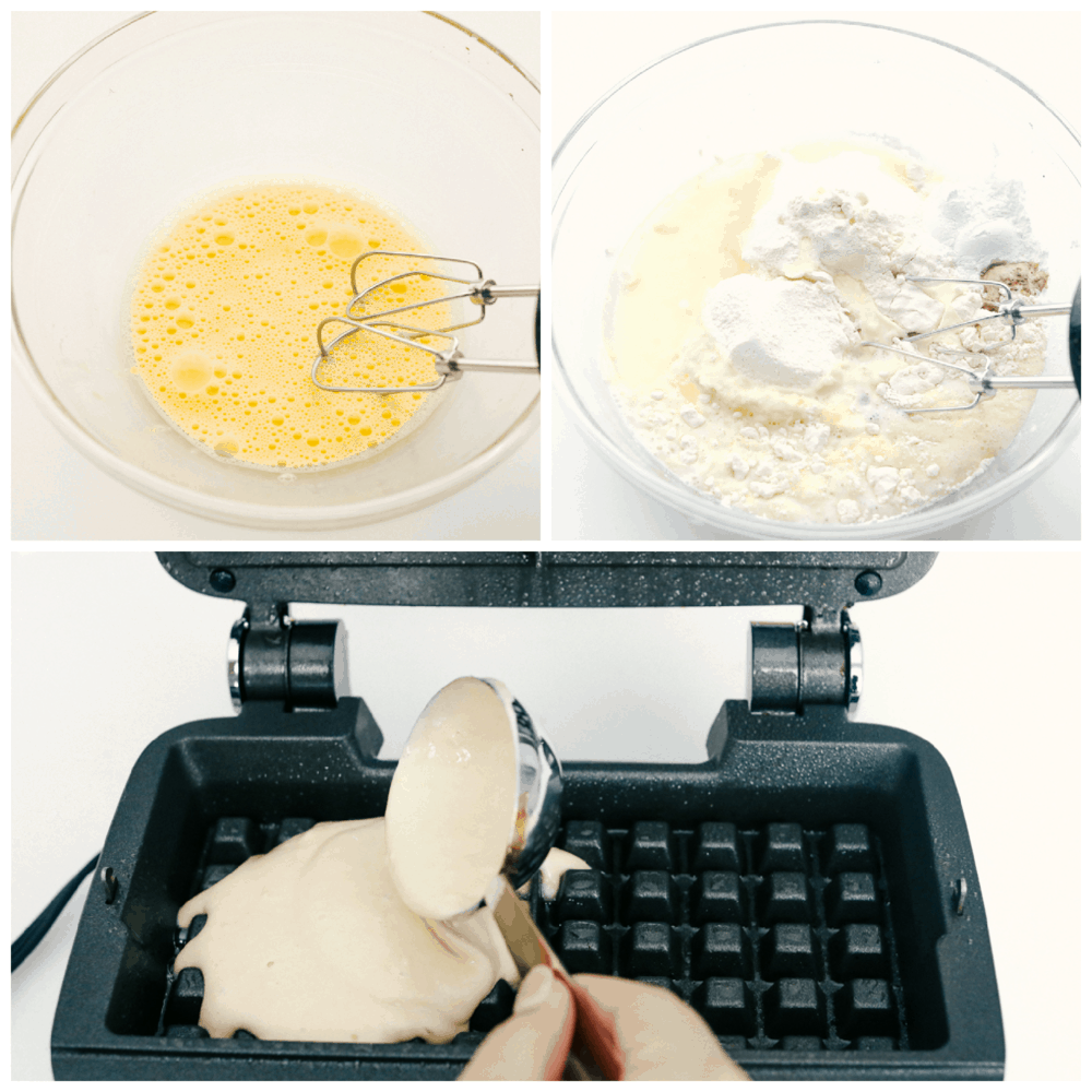 Mixing the wet and the dry ingredients, pouring the batter in a waffle iron. 
