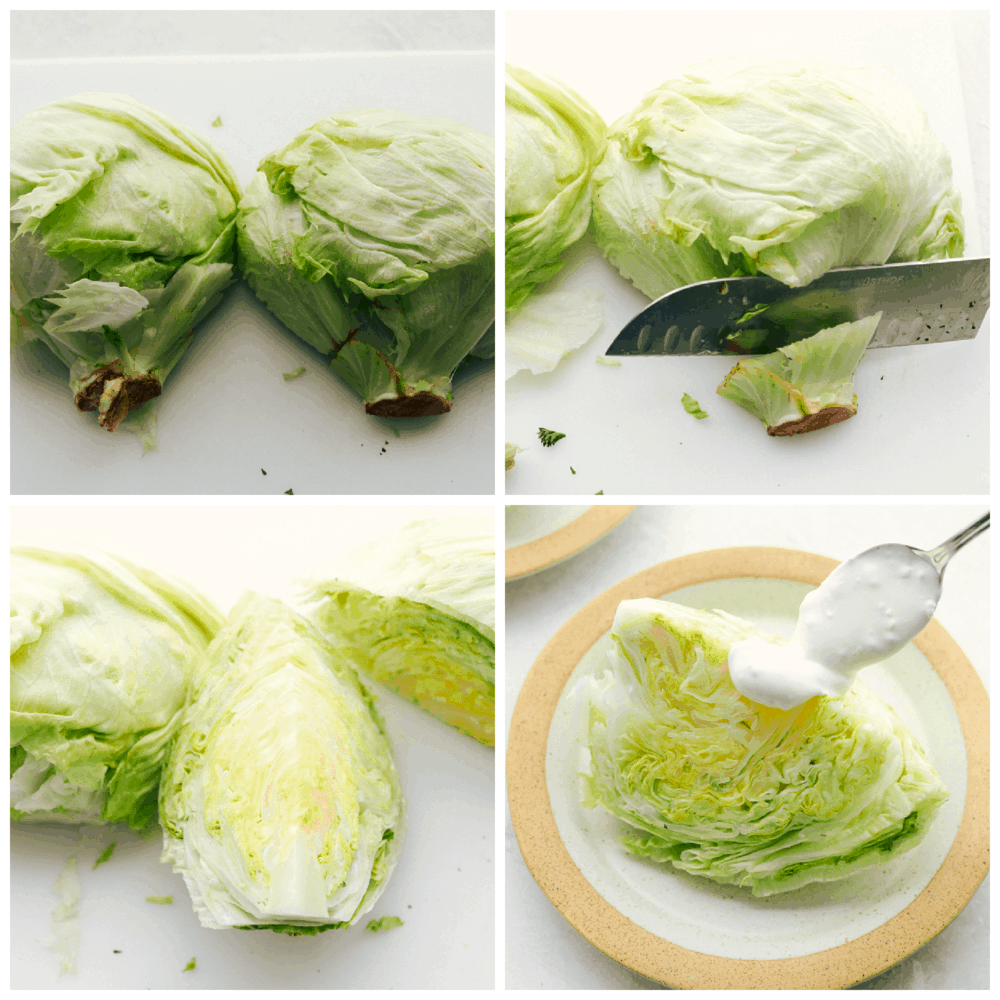 4 pictures showing how to cut iceberg lettuce into wedges. 