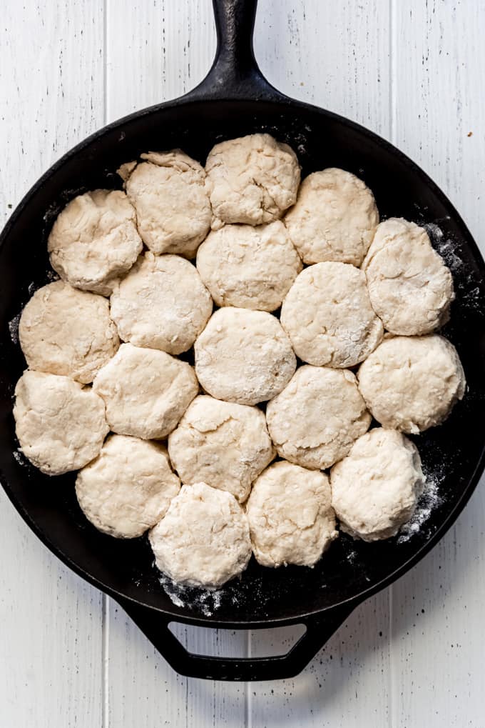 biscuit dough in a cast iron skillet