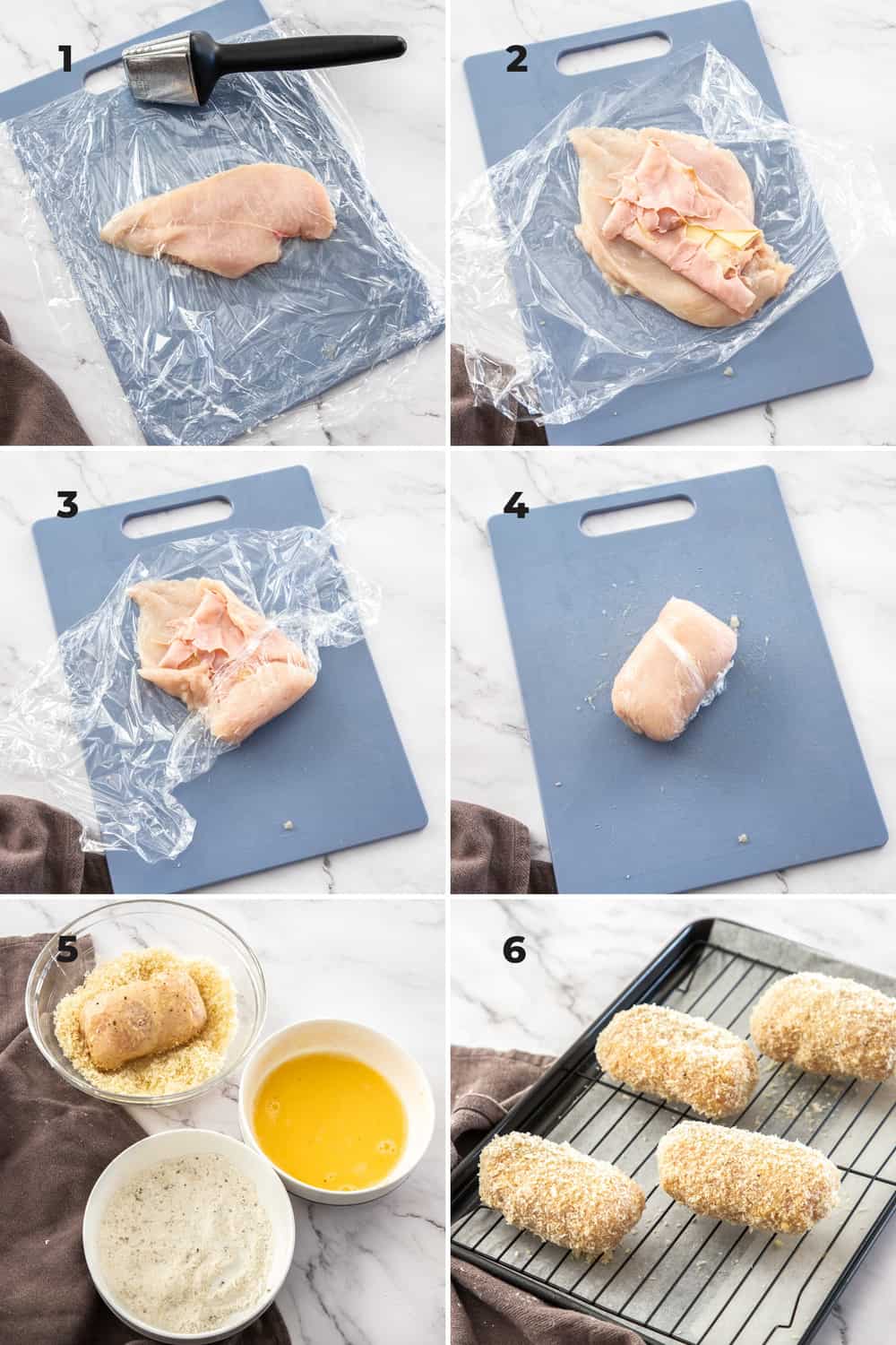 6 images showing how to fill and coat chicken cordon bleu.