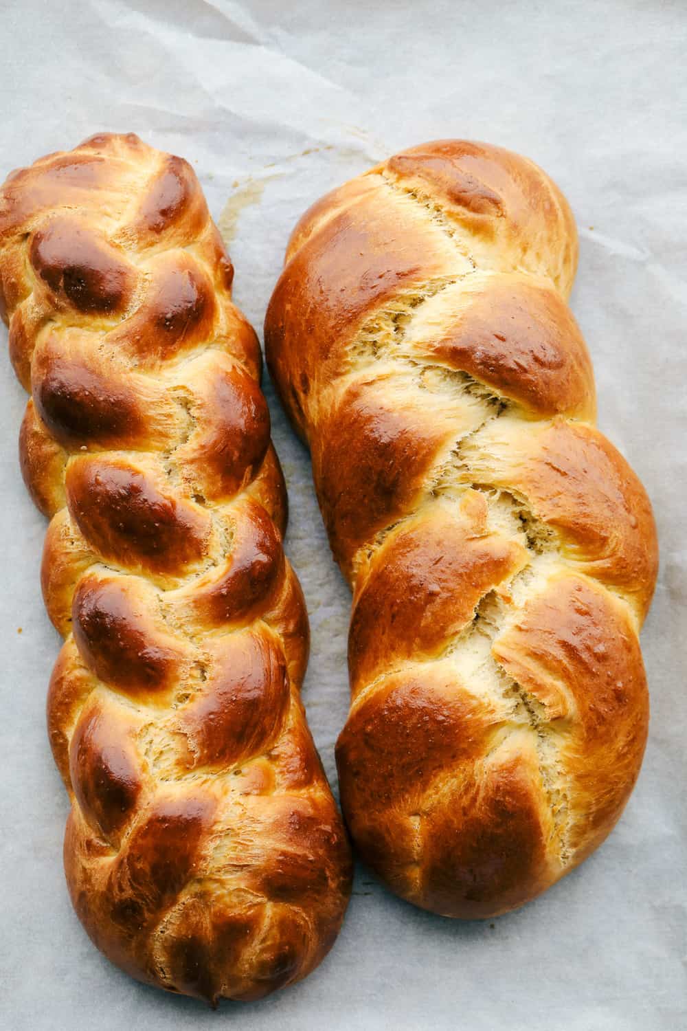 Baked six and three strand braided challah. 