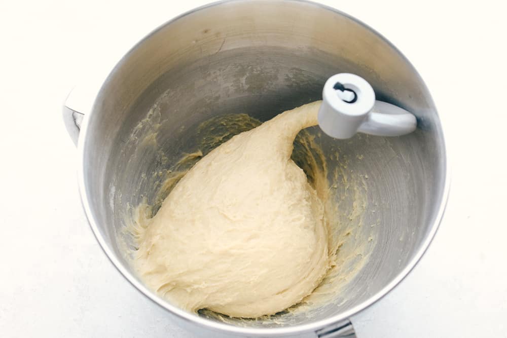 Dough in the mixer with dough hook. 