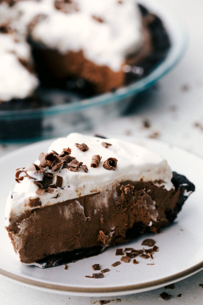 A slice of chocolate pie on a white plate. 