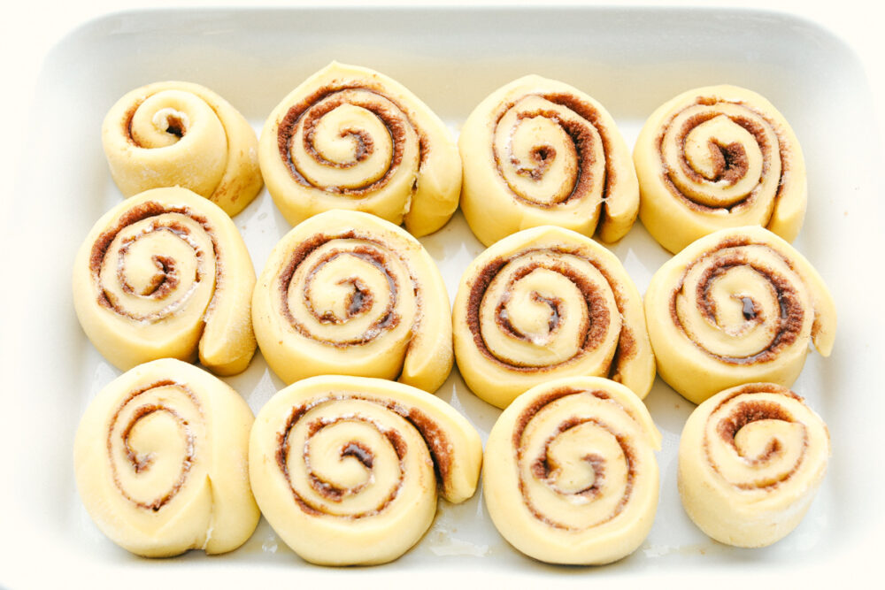 Raised cinnamon rolls ready to bake. 