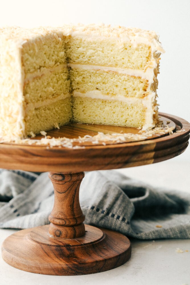Sliced coconut cake, you can see all the layers. 