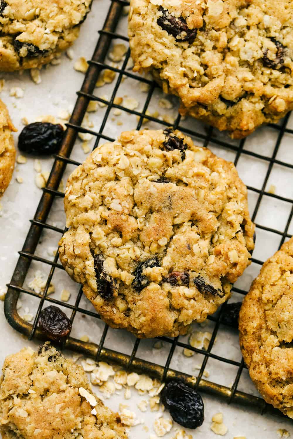 Baked oatmeal cookies on a cooling rack. 