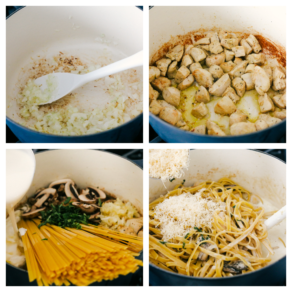 The process of making chicken fettuccine alfredo. 