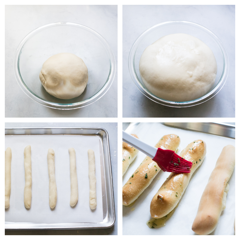 The dough before and after it raises, shaped into breadsticks, buttering them with seasoning  before baking. 