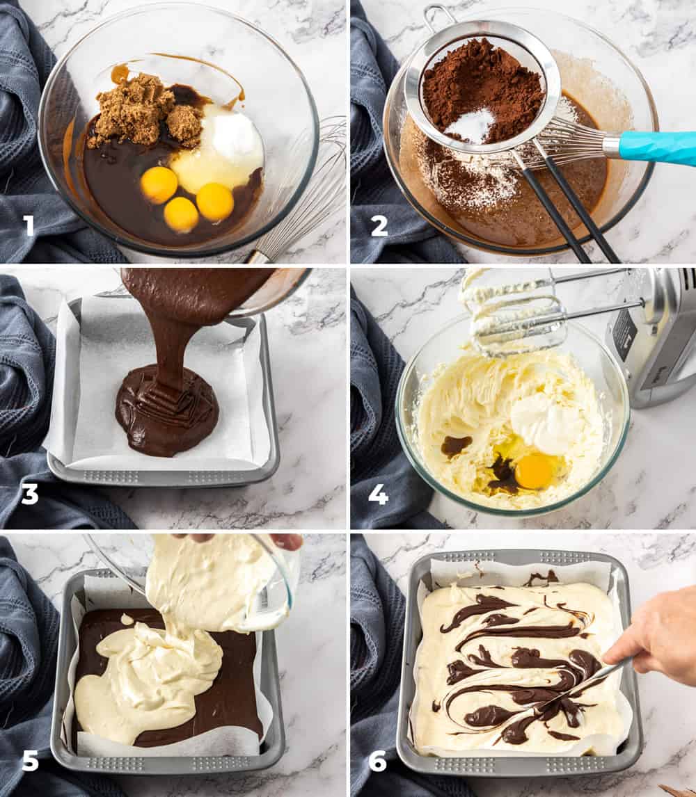 A collage of 6 images showing how to make cheesecake brownies.