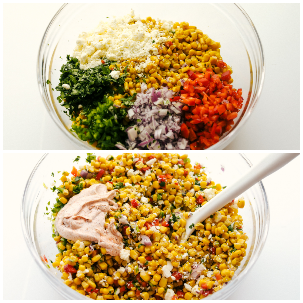 The ingredients for the salad in sections in a glass bowl, and stirring in the dressing. 