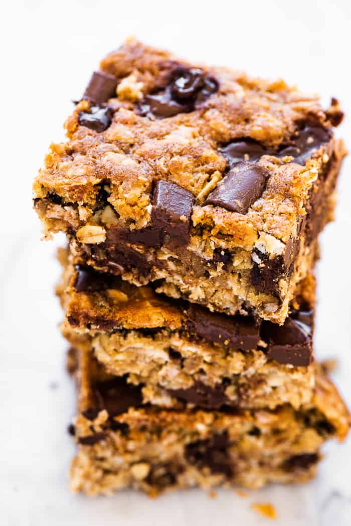 A stack of 3 oatmeal chocolate chip bars.
