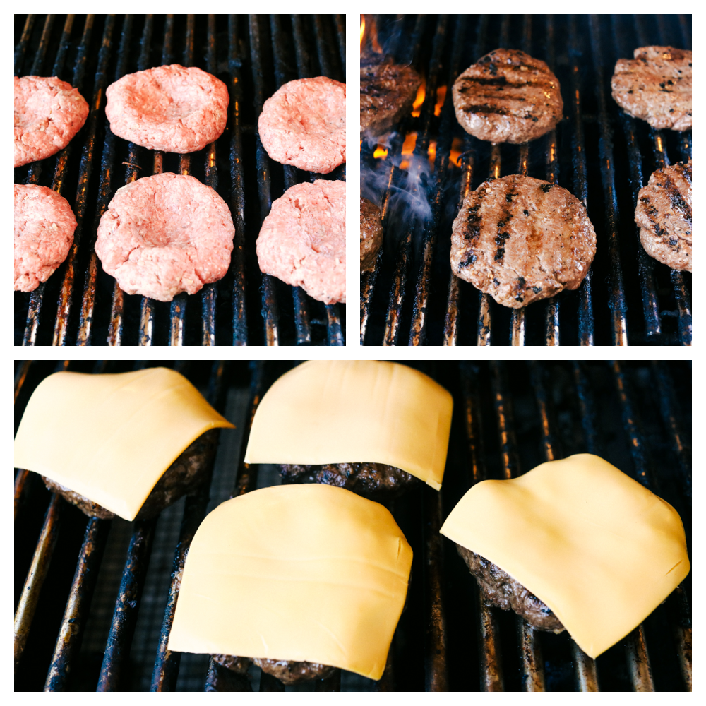 Grilling the burgers, flipping them and placing the cheese on top. 