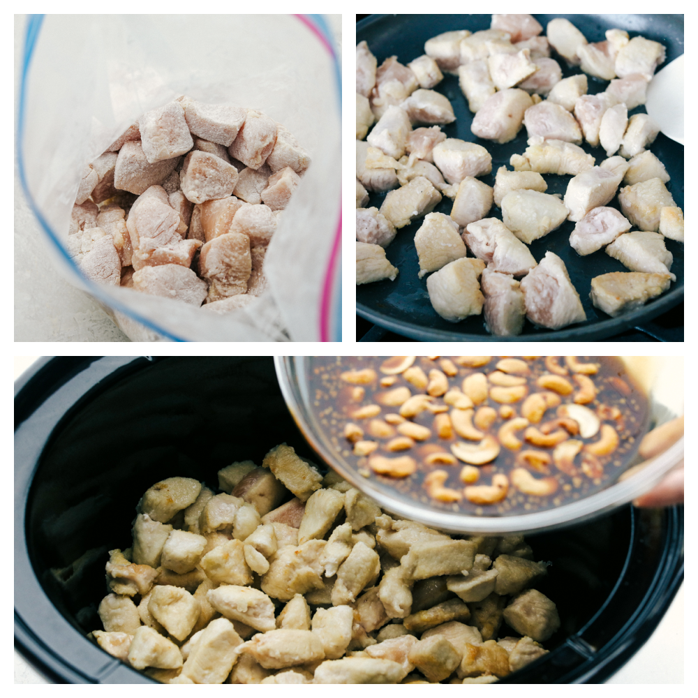 Coating the chicken and pan frying before adding it to the slow cooker with the sauce. 