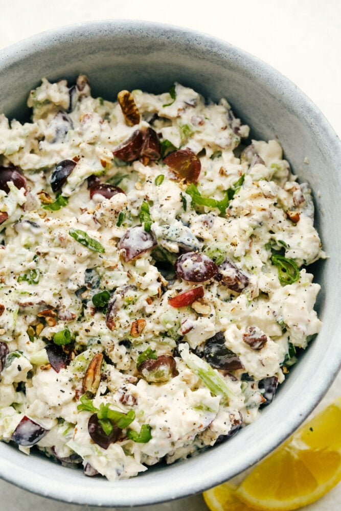 The chicken salad in a bowl. 