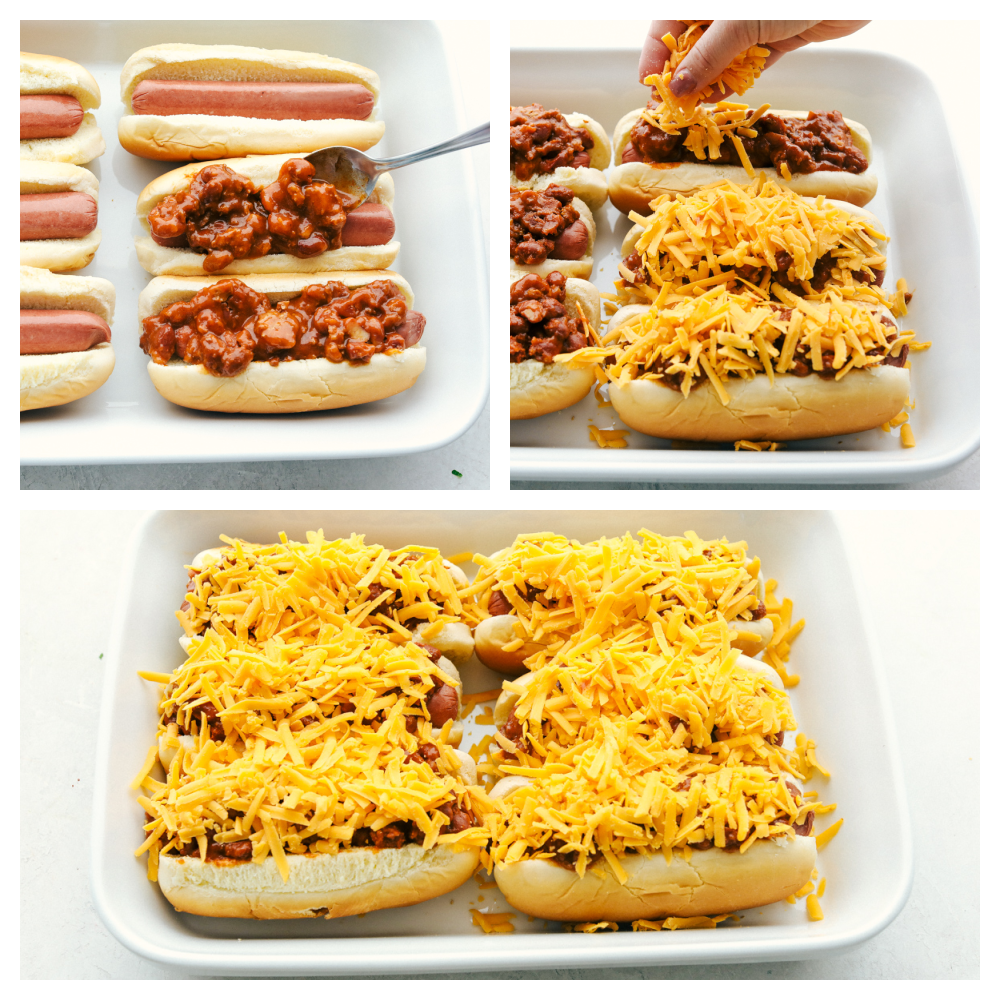 Assembling the hot dogs, by putting chili and cheese on them. 