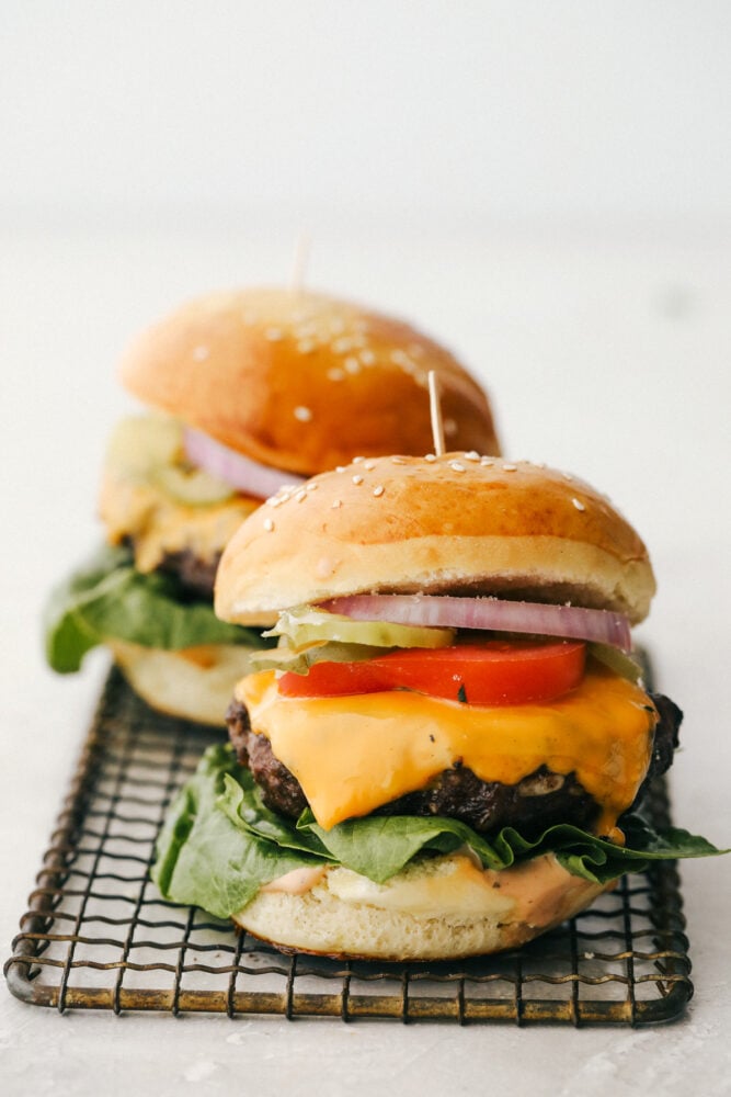 Hamburgers with all the toppings ready to be served. 