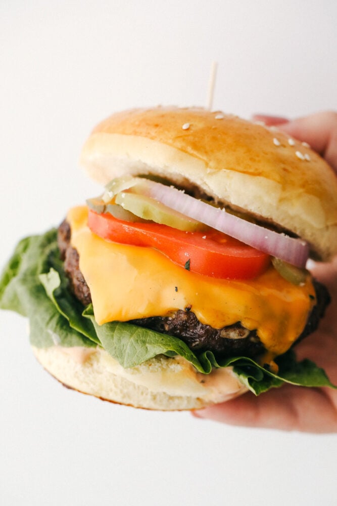 Holding a perfect juicy hamburger with toppings on a homemade bun. 